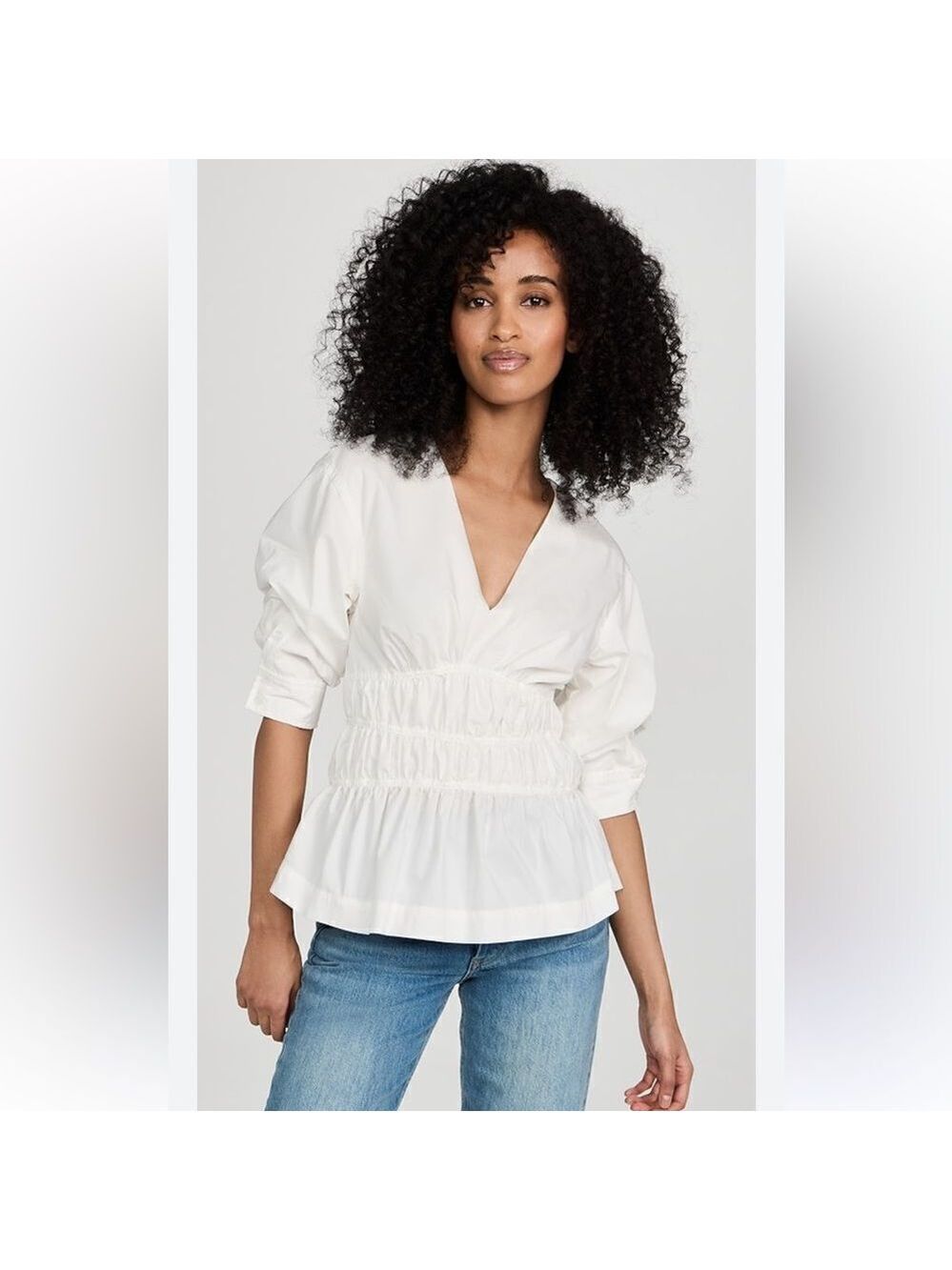 NEW Jonathan Simkhai Yuni Cotton Poplin Ruched Blouse White Size 8
